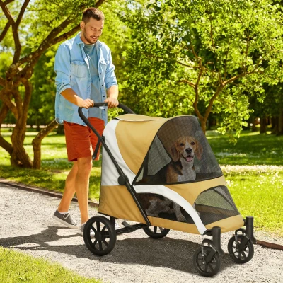 PawHut Hundewagen, Faltbarer Hundebuggy für mittelgroße Hunde, Haustierwagen mit 4 Rädern, Sicherheitsleinen, Bremsen, Braun