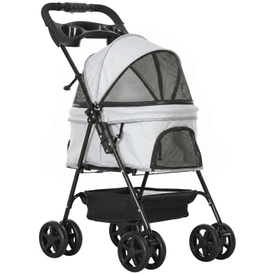 PawHut Carrito para Perros Pequeños con 4 Ruedas Freno Cesta Capota Correas de Seguridad y Ventanas 67x45x96 cm Gris Claro