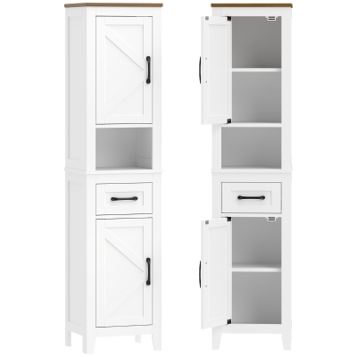 HOMCOM Armario de Baño Alto y Estrecho Rústico con Cajón Estante Abierto Puertas y Estantes Ajustables 34,5x30x148 cm Blanco
