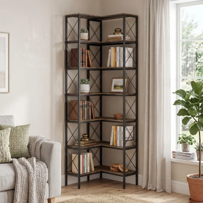 HOMCOM 6-stufiges L-förmiges Bücherregal, freistehendes Eckregal mit Metallrahmen, rustikal braun, 60 x 60 x 200 cm