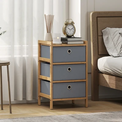 HOMCOM Narrow Dresser Bamboo Frame 3 Drawers Light Grey