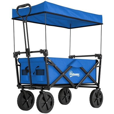 Outsunny Carro Plegable con Toldo Desmontable Longitud y Ángulo del Mango Ajustables y Bolsa de Transporte Carga 100 kg Azul