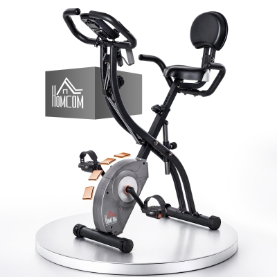 HOMCOM Bicicleta Estática Plegable 3 en 1 Resistencia Magnética Ajustable 8 Niveles con Sensor de Pulso Pantalla LCD Sillín Regulable Respaldo Bandas Soporte Teléfono Ruedas para Casa Gimnasio Negro