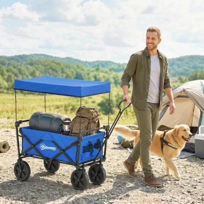 Outsunny Carro Plegable con Toldo Desmontable Longitud y Ángulo del Mango Ajustables y Bolsa de Transporte Carga 100 kg Azul