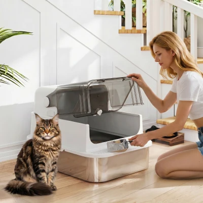 PawHut Arenero para Gatos de Acero Inoxidable XXL con Tapa Abatible Laterales Altos Entrada Superior Pala Blanco