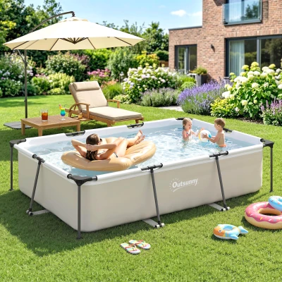 Outsunny Piscina Desmontable Tubular 316x238x66,5 cm 3700 L con Marco Metálico Parche de Reparación sin Depuradora Gris