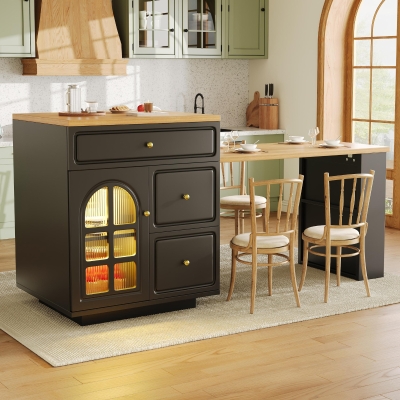 Extendable Bar Table with Arched Tempered Glass Doors, 195.5L x 70W x 93.5H cm, Black