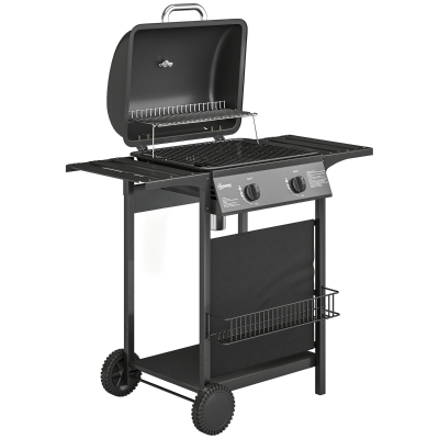 Outsunny Barbacoa de Gas BBQ Gas con 2 Quemadores 5 kW Termómetro Mesas Laterales Estante Rejilla Calentadora 2 Ruedas Negro