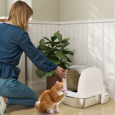 PawHut Katzenklo Edelstahl mit Deckel, Katzentoilette mit Wanne, Streuschaufel, für Katze unter 5 kg, 52,4 x 41,3 x 42 cm, Weiß