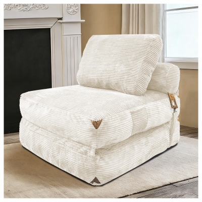 3-in-1 Convertible Corduroy Floor Sofa Bed with Side Pockets, 87L x 86W x 40H cm, White