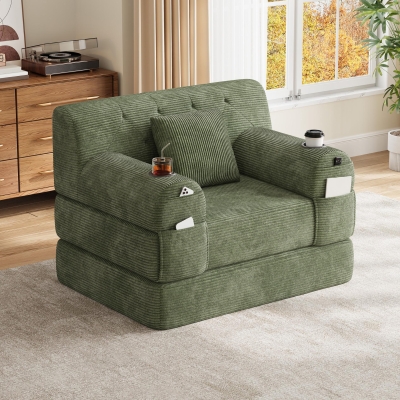 1-Seater Sleeper Sofa with Metal Frame and High-Density Foam, 107L x 80W x 81H cm, Green