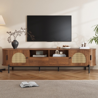 Space-Saving TV Stand with 2 Sliding Doors and 2 Drawers, 200L x 40W x 50H cm, Walnut