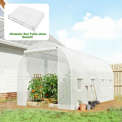 Outsunny Gewächshausfolie 4 x 2 m, wasserdicht Gartenfolie mit Tür, 8 Fenster, UV Schutz, Reißfest Polyethylen NUR Folie Weiß