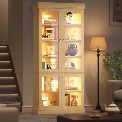 Modern Freestanding Display Cabinet with Height-Adjustable Shelves, 80L x 40W x 180H cm, Natural