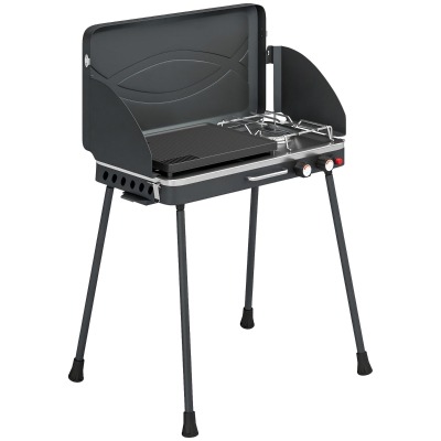 Outsunny Barbacoa de Gas Portátil 2 en 1 Propano 7 kW de Mesa o de Pie con Plancha Grande Patas Desmontables Negro