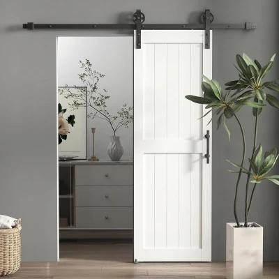 HOMCOM Puerta Corredera de Granero con Herrajes Manija Rodillo y Guía de Suelo Mejorados para Baño Salón 71,5x213,4 cm Blanco