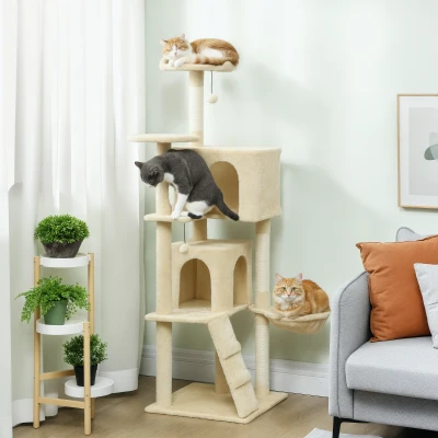 PawHut Árbol Rascador para Gatos 160 cm con Plataformas Cama 2 Cuevas Hamaca Escalera Postes de Sisal Beige