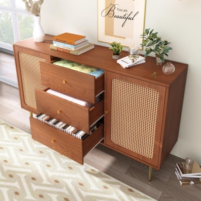 Rattan Sideboard Cabinet with 2 Perforated Rattan-Front Drawers, 120L x 40W x 90H cm, Walnut