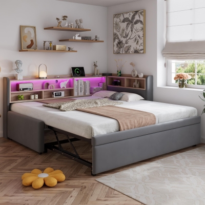 Practical Upholstered Daybed with Pull‑Out Trundle, 201L x 105W x 85H cm, Grey 201L x 105W x 85H cm, Grey