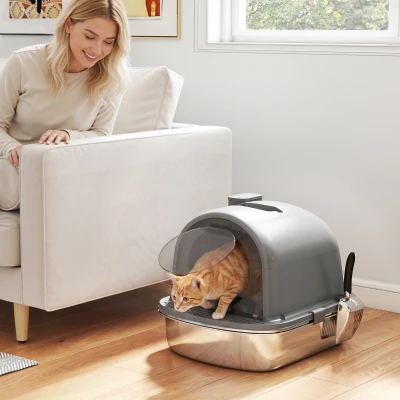 PawHut Caixa de Areia para Gatos em Aço Inoxidável com Tampa, Saco Desodorizante e Pá, Fácil de Limpar, 52,4x41,3x39,9 cm, Cinzento Escuro