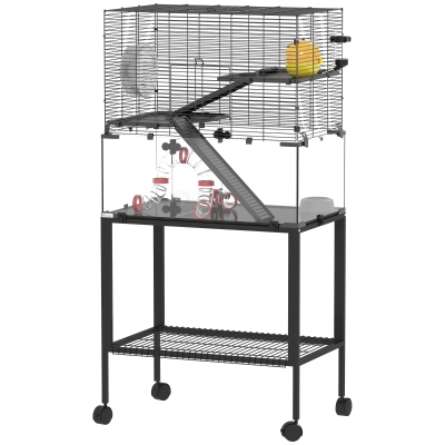 PawHut Hamsterkäfig, Kleintiergehege mit 3 Ebenen, Laufrad, Hütte, Plattformen, Rampen, Futterschale, Wasserflasche, Zubehör, Stahl, Kunststoff, Schwarz