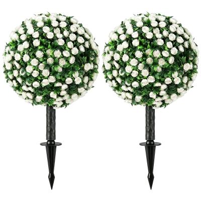 HOMCOM Künstliche Rosenkugeln UV-beständig für den Außenbereich, Set aus 2 Rosenbäumen, 55 cm, Weiß