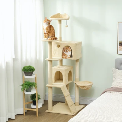 PawHut Árbol Rascador para Gatos 180 cm con Plataformas Cama 2 Cuevas Hamaca Escalera Postes de Sisal Beige
