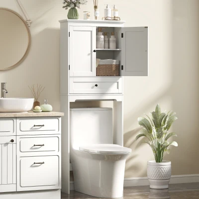 HOMCOM WC-Aufsatz Schrank über der Toilette, WC-Möbel mit 2 Türen, Schublade und verstellbarer Ablage, Weiß