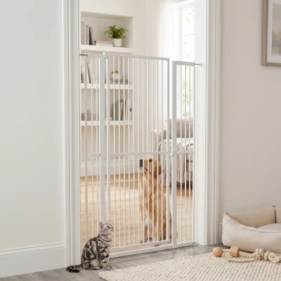 PawHut Barrera para Perros Extra Alta con Ancho Ajustable 77-104 cm Puerta para Perros con Extensiones y Puerta de Paso Blanco