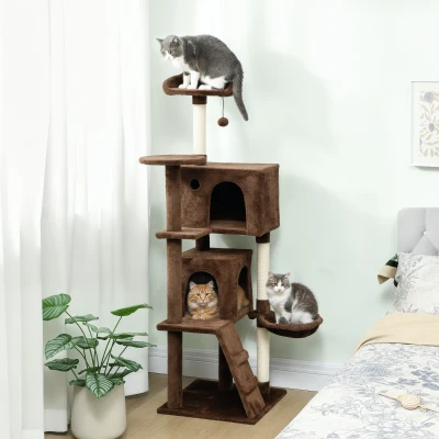 PawHut Árbol Rascador para Gatos 160 cm con Plataformas Cama 2 Cuevas Hamaca Escalera Postes de Sisal Marrón