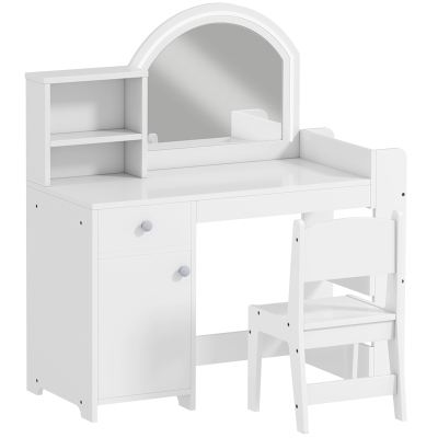 AIYAPLAY Tocador de Maquillaje Niña Tocador Infantil con Taburete y Espejo con Luces LED 1 Cajón Armario y 5 Estantes Blanco