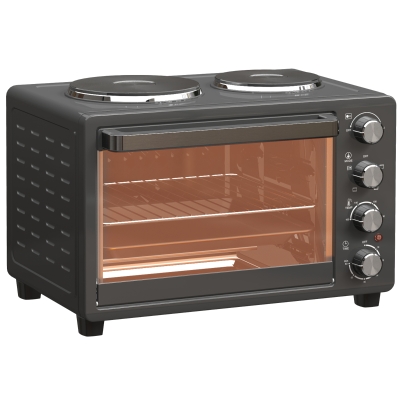 HOMCOM Forno Elétrico de Bancada 28L 2600W com Placas de Cozedura, Temperatura Ajustável, Temporizador e Tabuleiro, Preto
