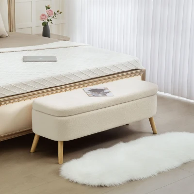 HOMCOM Opbergzitbank, zitbank met 65 L opbergruimte, teddyfleece-stof, rubberhout, 120 x 42 x 45 cm, beige