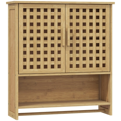 HOMCOM Armário de Casa de Banho de Parede em Bambu com 2 Portas Ripadas, Prateleira Aberta e Ajustável Natural