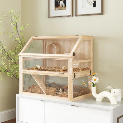 PawHut Kleine Hamsterkooi Compacte 3 Lagen met Vouwbaar Deksel Looprad voor Appartement Natuurhout