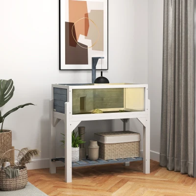 PawHut Casa de Tortugas de Madera con Estante Soporte para Lámpara Paneles Transparentes Techo Abatible Bandeja Gris