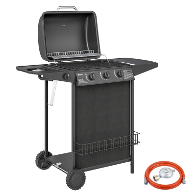 Outsunny Barbacoa de Gas con 3 Quemadores Quemador Lateral Tapa con Termómetro Parrilla y Mesa Lateral Ruedas 108x54x97 cm Negro