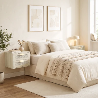 HOMCOM Juego de 2 Mesitas de Noche Flotantes con 2 Cajones con Frente de Ratán Natural para Dormitorio 40x30x27,6 cm Roble