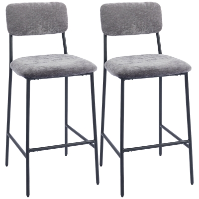 HOMCOM Set van 2 barkrukken, gepolsterde hoge stoelen voor keukentafel en huisbar, rugleuning, voetsteun, stofbekleding, staal, grijs
