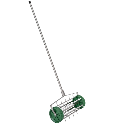 Outsunny gazonbeluchter handvat lengte verstelbaar handverticuteer gazonbeluchter spiked roller gazon rollende gazonbeluchter onderhoud tuin verzinkte buis groen + zilver 135 x 42,5 x 15 cm