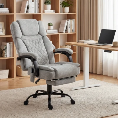 HOMCOM Hoge rug massage-bureaustoel met vibratie, warmtefunctie, verstelbare rugleuning, voetensteun, afstandsbediening, grijs