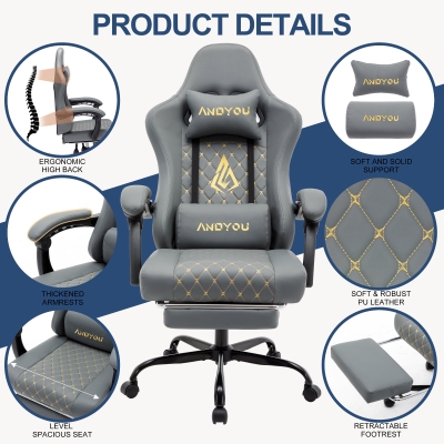 Sedia da gaming con poggiapiedi, Grigio