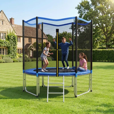 SPORTNOW Cama Elástica Exterior Ø244 cm Trampolín para Niños con Red de Seguridad Escalera y Acolchado de Muelles Azul