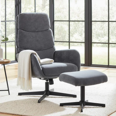 HOMCOM Gepolsterde fauteuil met voetenhocker, loungefauteuil met hoge rugleuning, metalen basis, voor woonkamer, slaapkamer, grijs