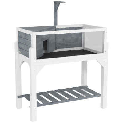 PawHut Casa de Tortugas de Madera con Estante Soporte para Lámpara Paneles Transparentes Techo Abatible Bandeja Gris