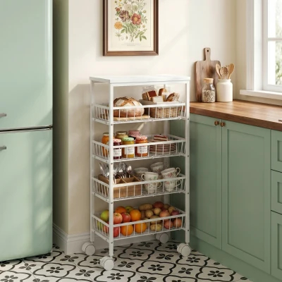 HOMCOM Carrito Auxiliar con Ruedas 4 Cestas Extraíbles Carga 15 kg Marco Metálico para Comedor Baño 40x24x82 cm Blanco