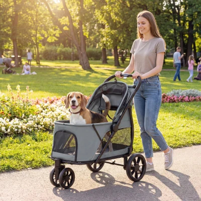 PawHut Carrinho para Cães Dobrável com 3 Rodas Janelas de Rede Almofada Lavável Todo-o-Terreno Carga 20 kg 92x63x95 cm Cinzento