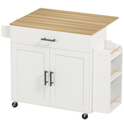HOMCOM Keukeniland, keukentrolley op wielen, met inklapbaar werkblad, lade, plank, 120 x 68 x 85 cm, Wit