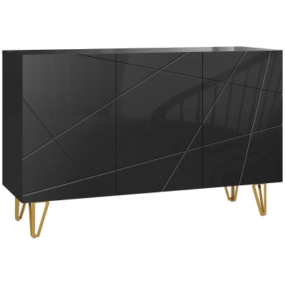 HOMCOM Sideboard Wohnzimmer, Hochglanz-Aufbewahrungsschrank, 3 Soft-Close-Türen und verstellbare Einlegeböden, 120x40x75cm, Schwarz