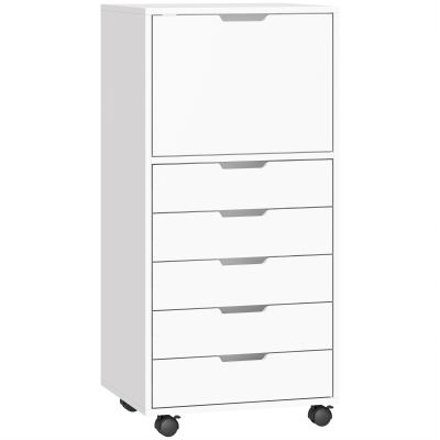 HOMCOM Gaveteira de Escritório com 5 Gavetas, Armário com Fecho Suave, Rodas e Suporte para Impressora, Branco